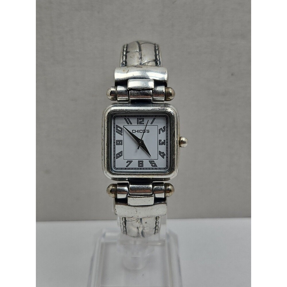 Chicos Womens Silver Toned Square Cuff Quartz Watch Art Deco Fashion New Battery
